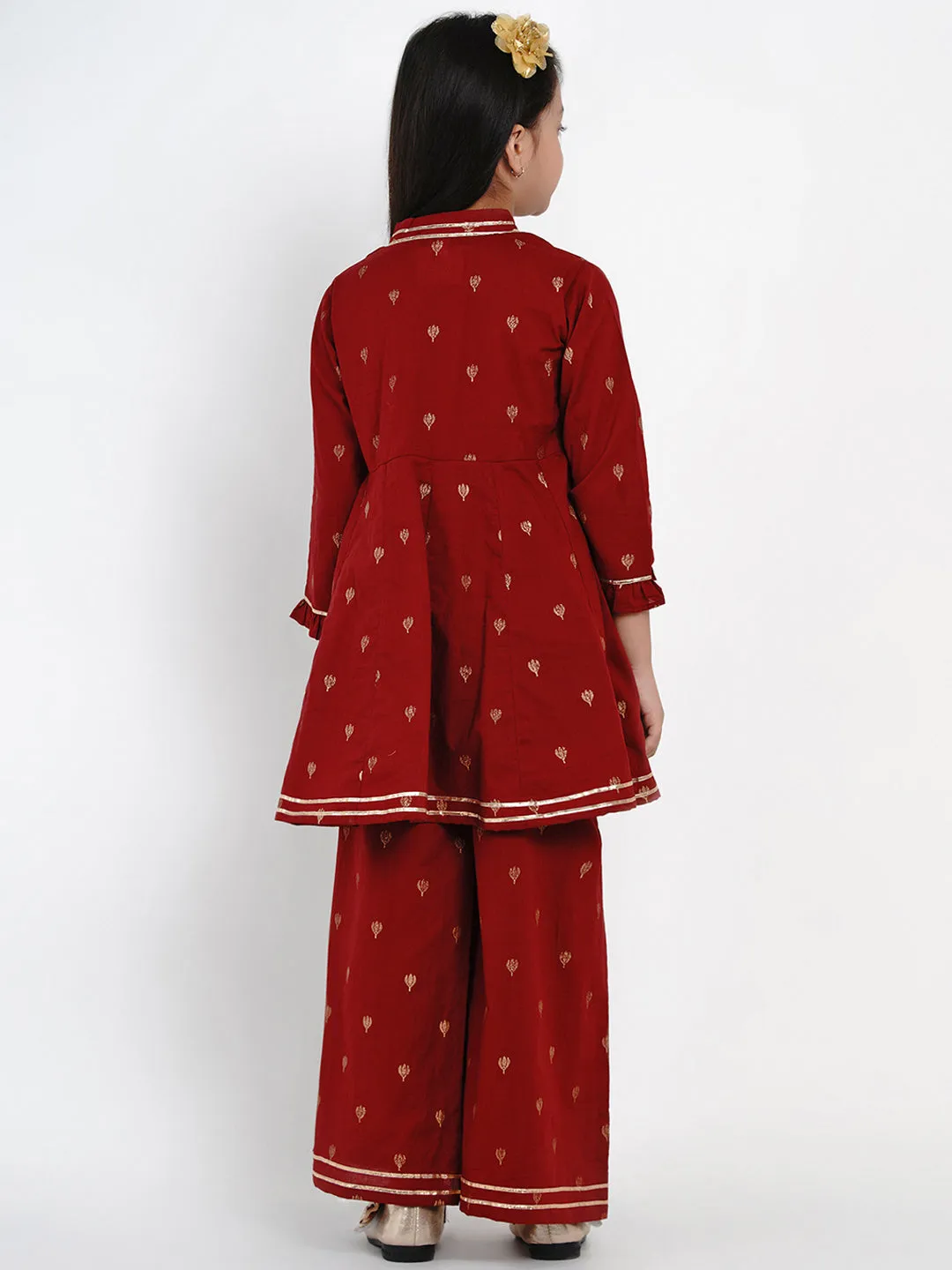 Girls Maroon Ethnic Motifs Embroidered Kurti with Palazzos