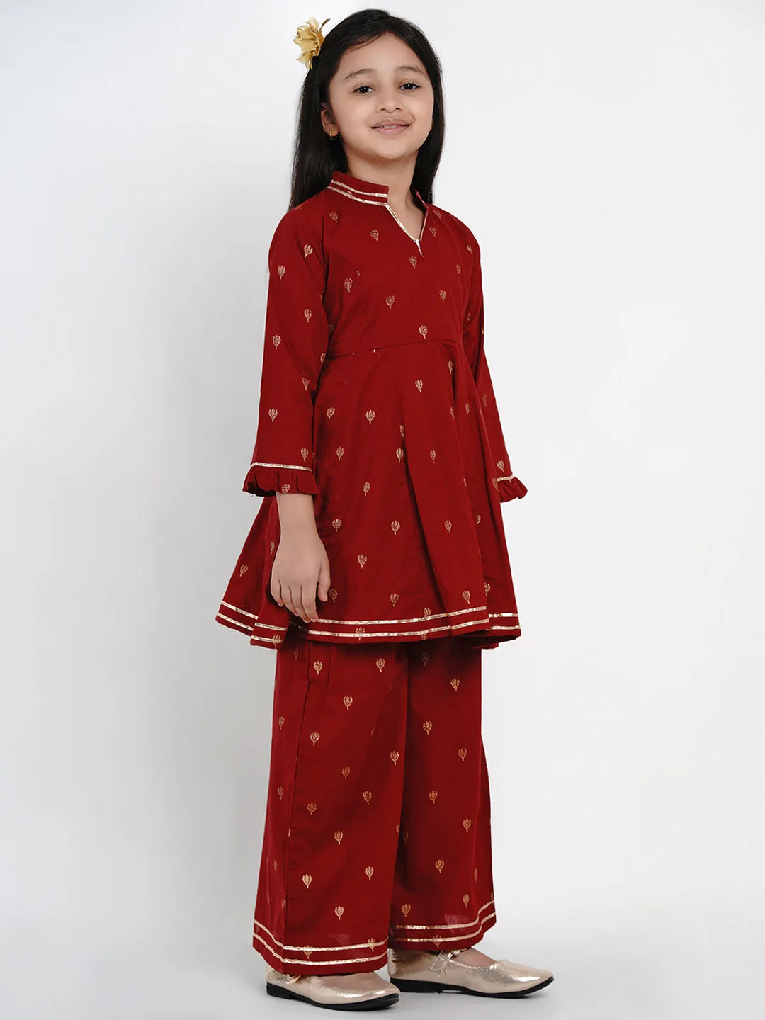 Girls Maroon Ethnic Motifs Embroidered Kurti with Palazzos
