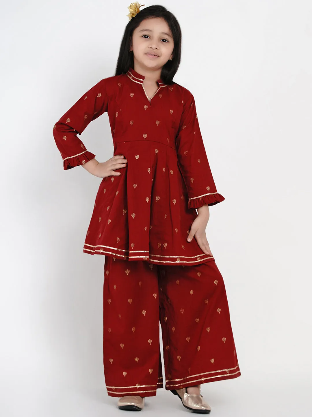 Girls Maroon Ethnic Motifs Embroidered Kurti with Palazzos