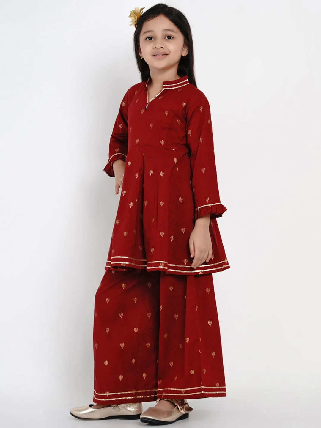 Girls Maroon Ethnic Motifs Embroidered Kurti with Palazzos