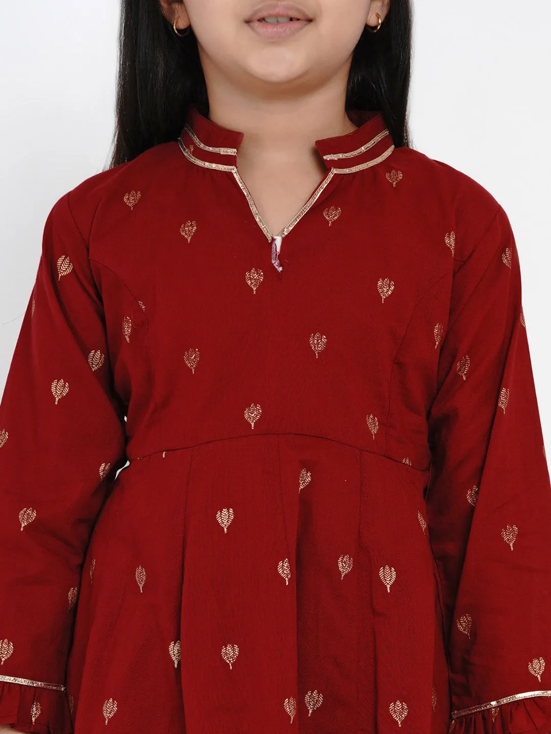 Girls Maroon Ethnic Motifs Embroidered Kurti with Palazzos