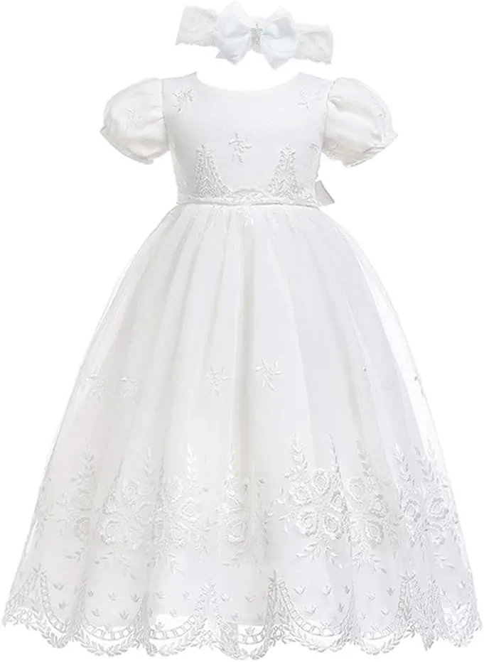 Glamulice Baby-Girls Newborn Satin Christening Baptism Floral Embroidered Dress Gown Outfit