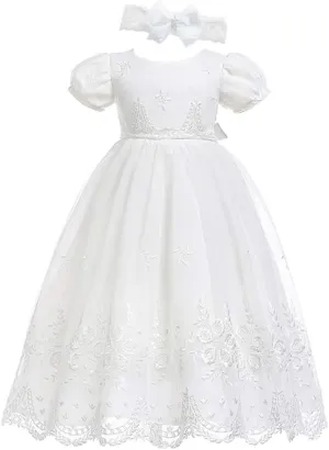 Glamulice Baby-Girls Newborn Satin Christening Baptism Floral Embroidered Dress Gown Outfit