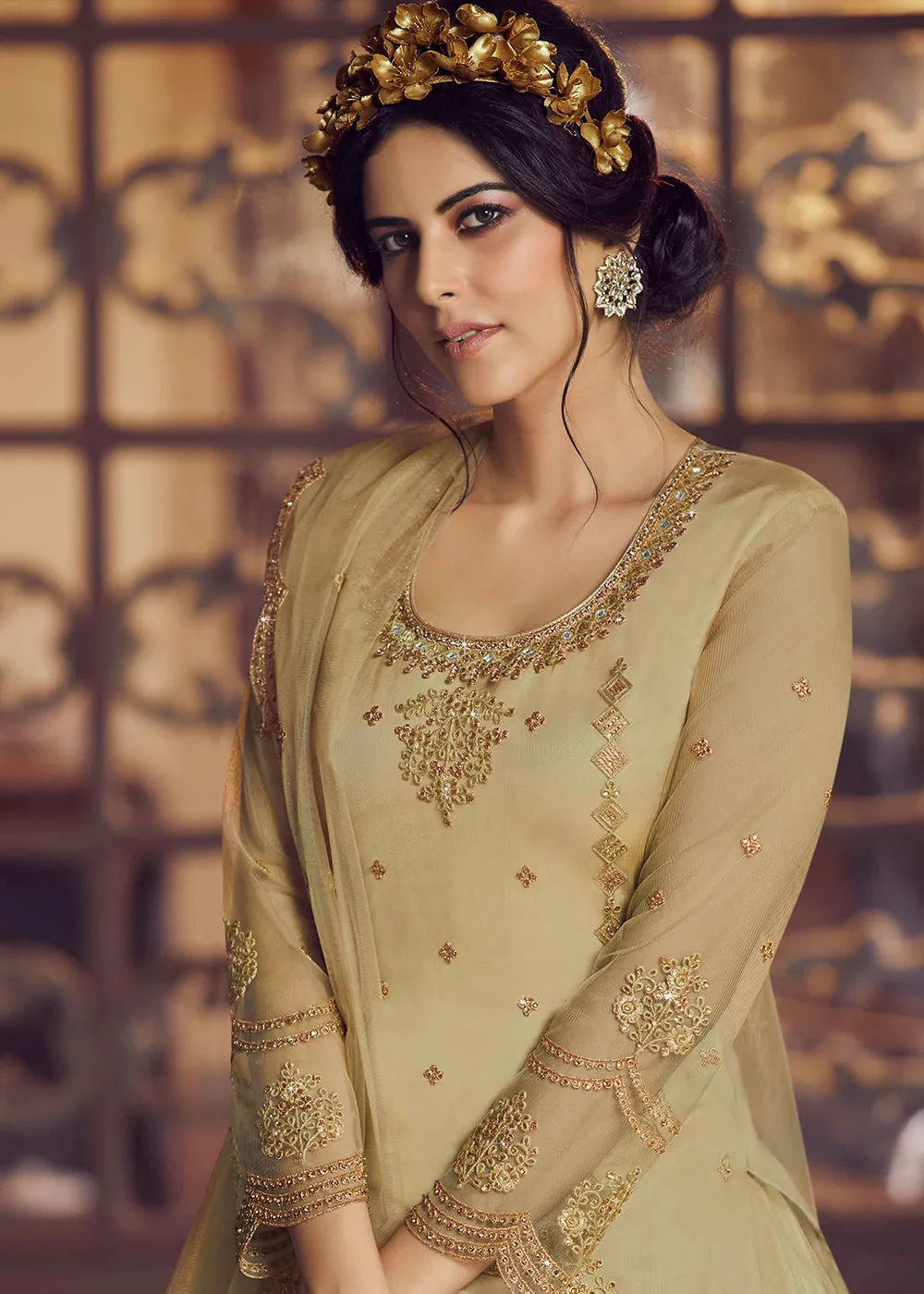 Golden Beige Lehenga/Pant Style Trendy Suit