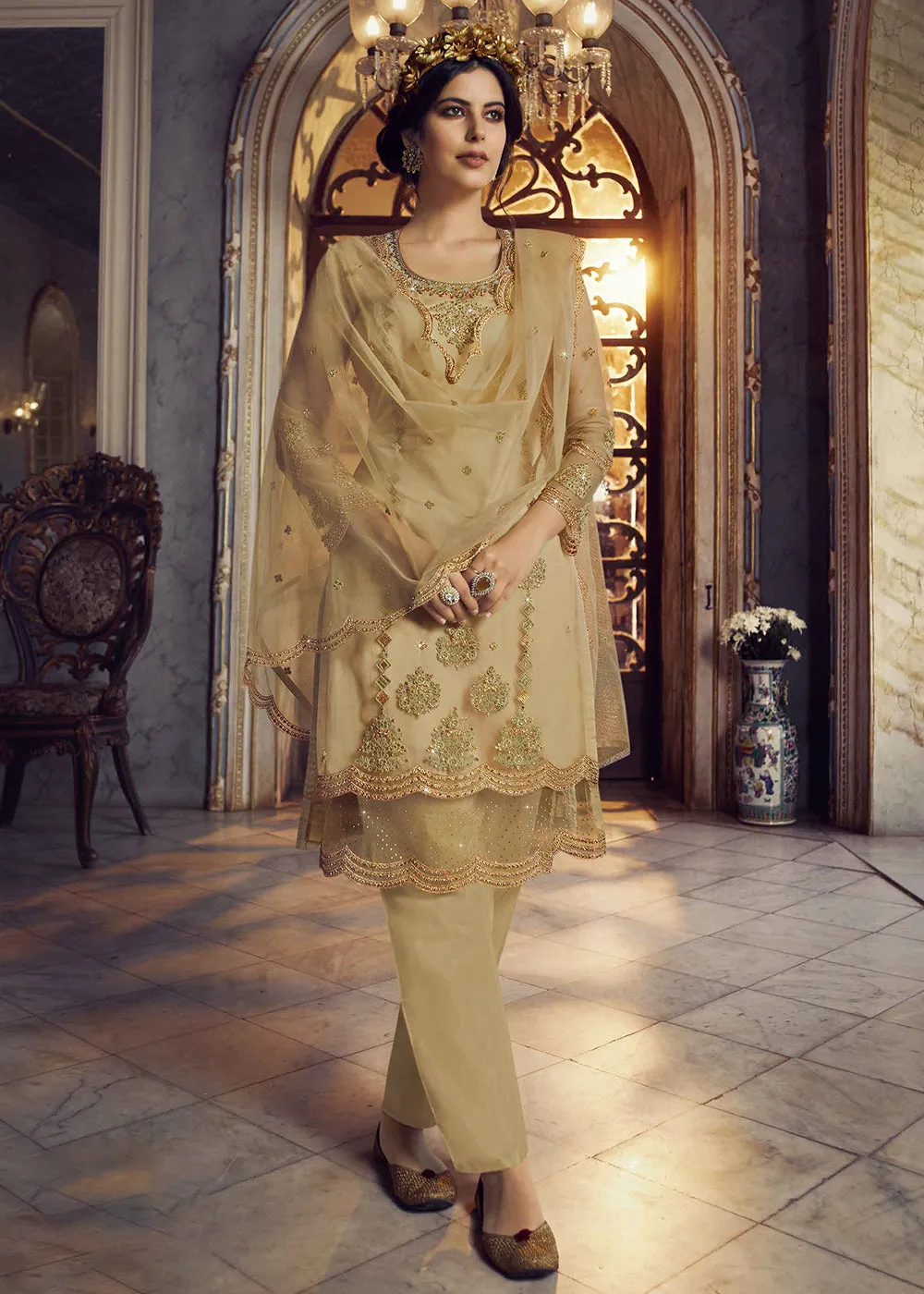 Golden Beige Lehenga/Pant Style Trendy Suit