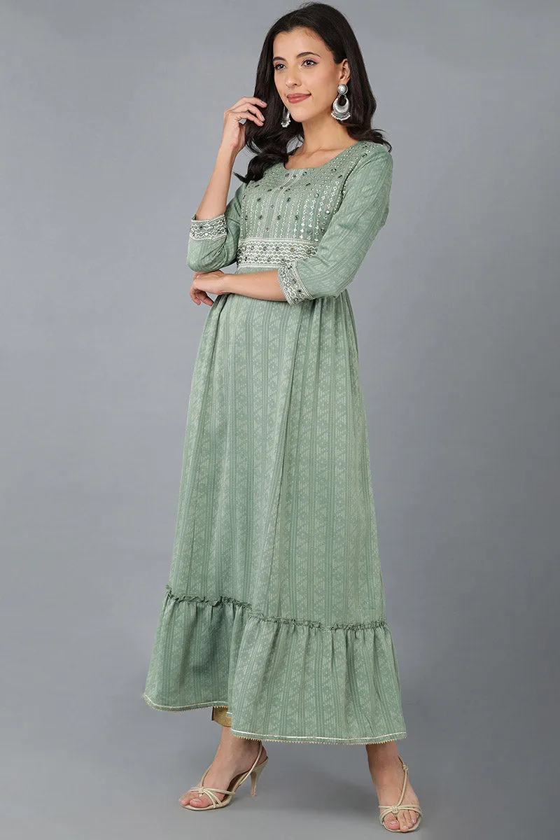 Green Silk Blend Ethnic Motifs Embroidered Anarkali Kurta