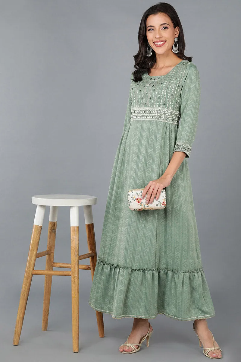 Green Silk Blend Ethnic Motifs Embroidered Anarkali Kurta