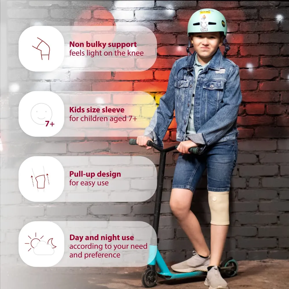 KARM Kids Knee Brace Sleeve - Youth Knee Compression Sleeve for Kids, Child - Support for Pain, Sports, Football, Basketball, Gymnastics, Recovery, Boys & Girls (Beige)