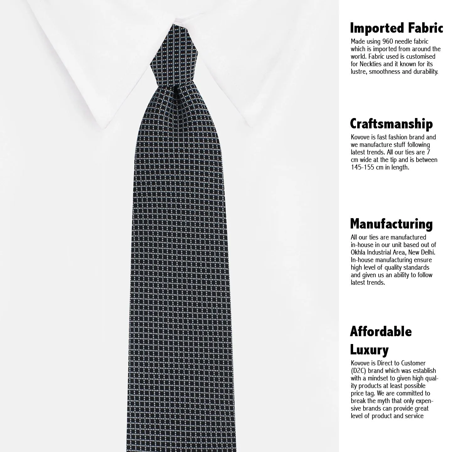 Kovove Elegant Black Checkered Neck Tie For Men