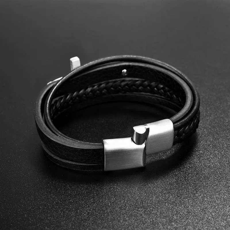 Men's Cross Bracelet<br> Black Leather