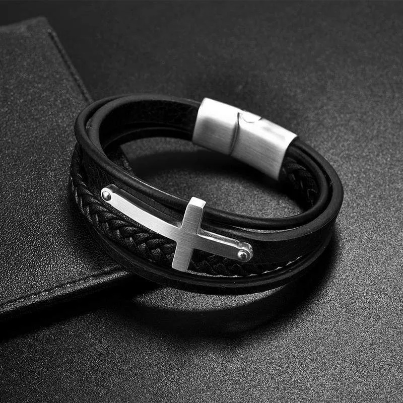 Men's Cross Bracelet<br> Black Leather