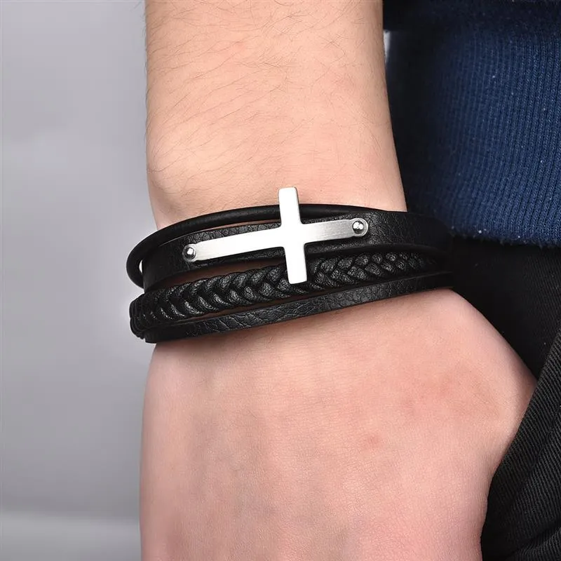 Men's Cross Bracelet<br> Black Leather