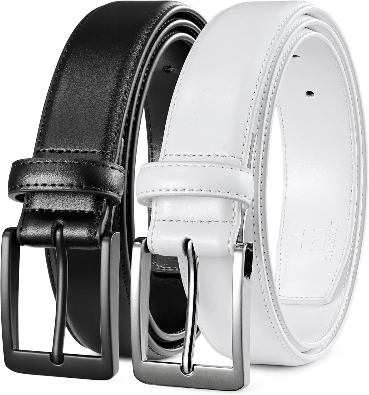 MILORDE Men's Leather Dress Belt 2Pack, Handmade, Genuine Leather, Fashion & Classic Designs for Work Business and Casual