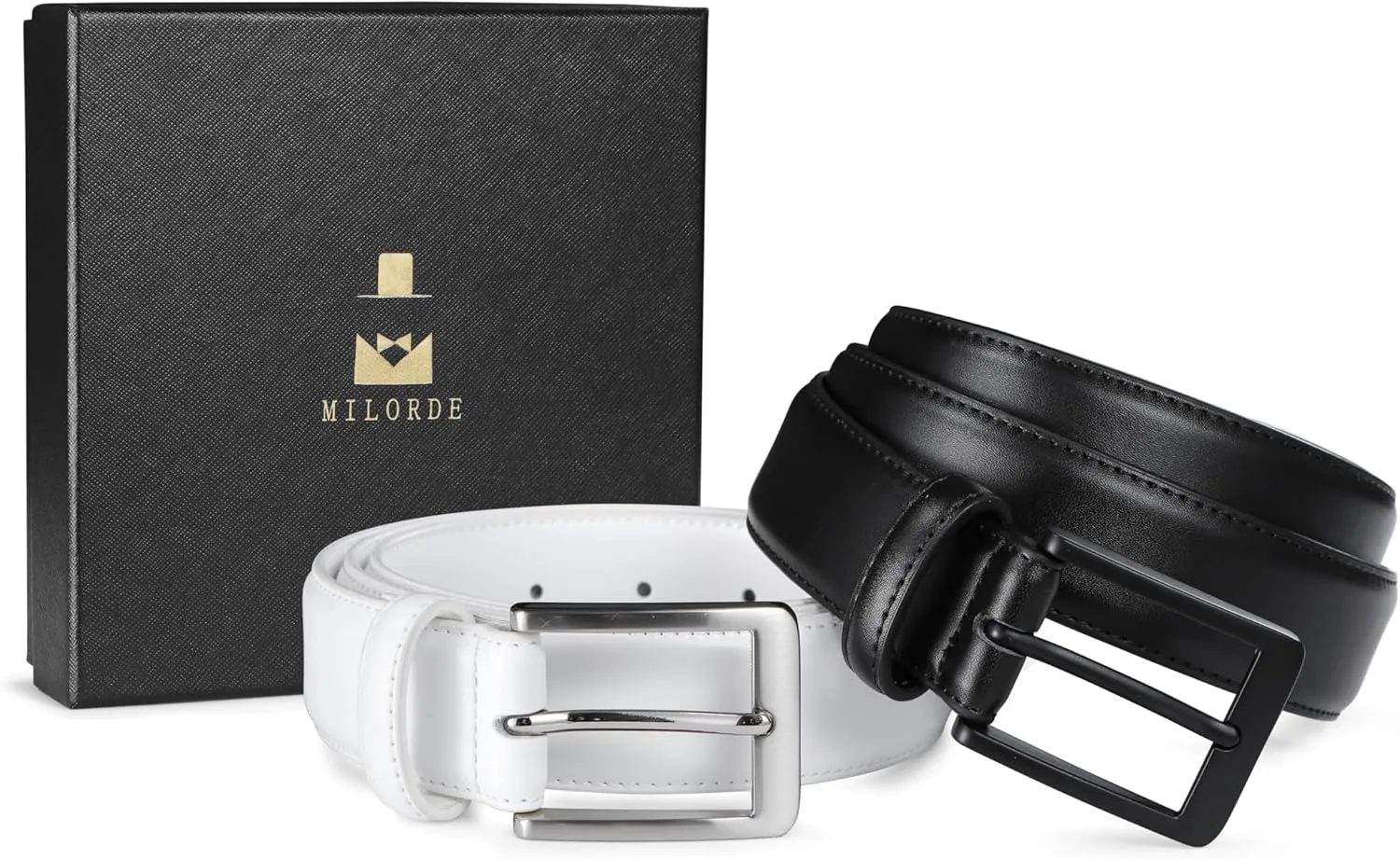 MILORDE Men's Leather Dress Belt 2Pack, Handmade, Genuine Leather, Fashion & Classic Designs for Work Business and Casual