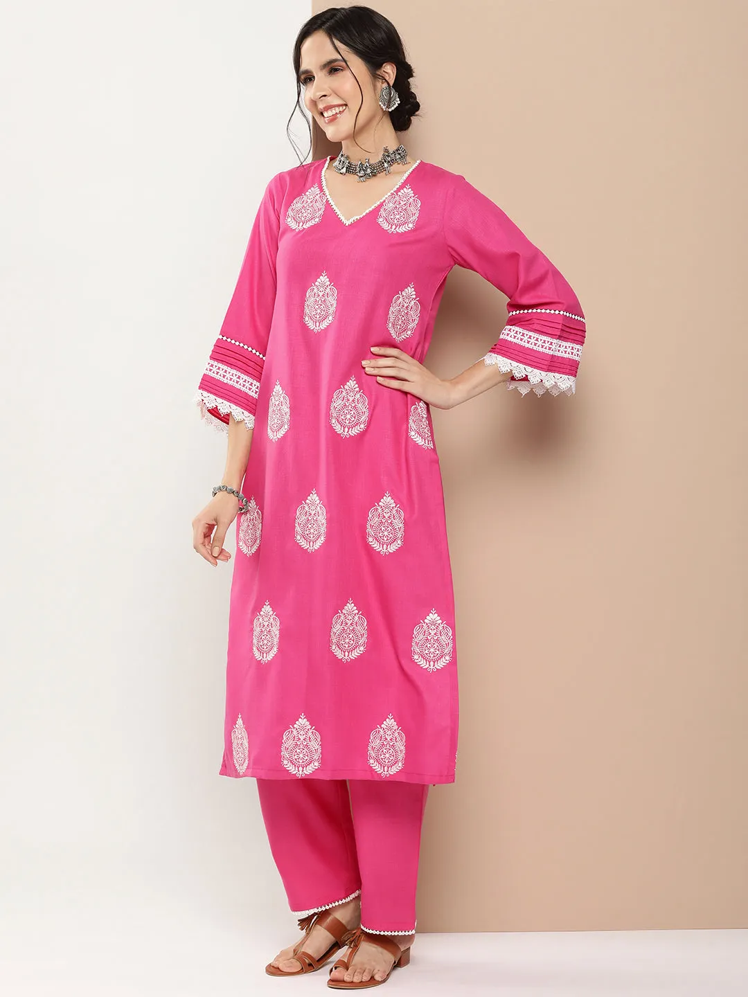Pink Embroidered Kurta With Solid Pink Palazzo.
