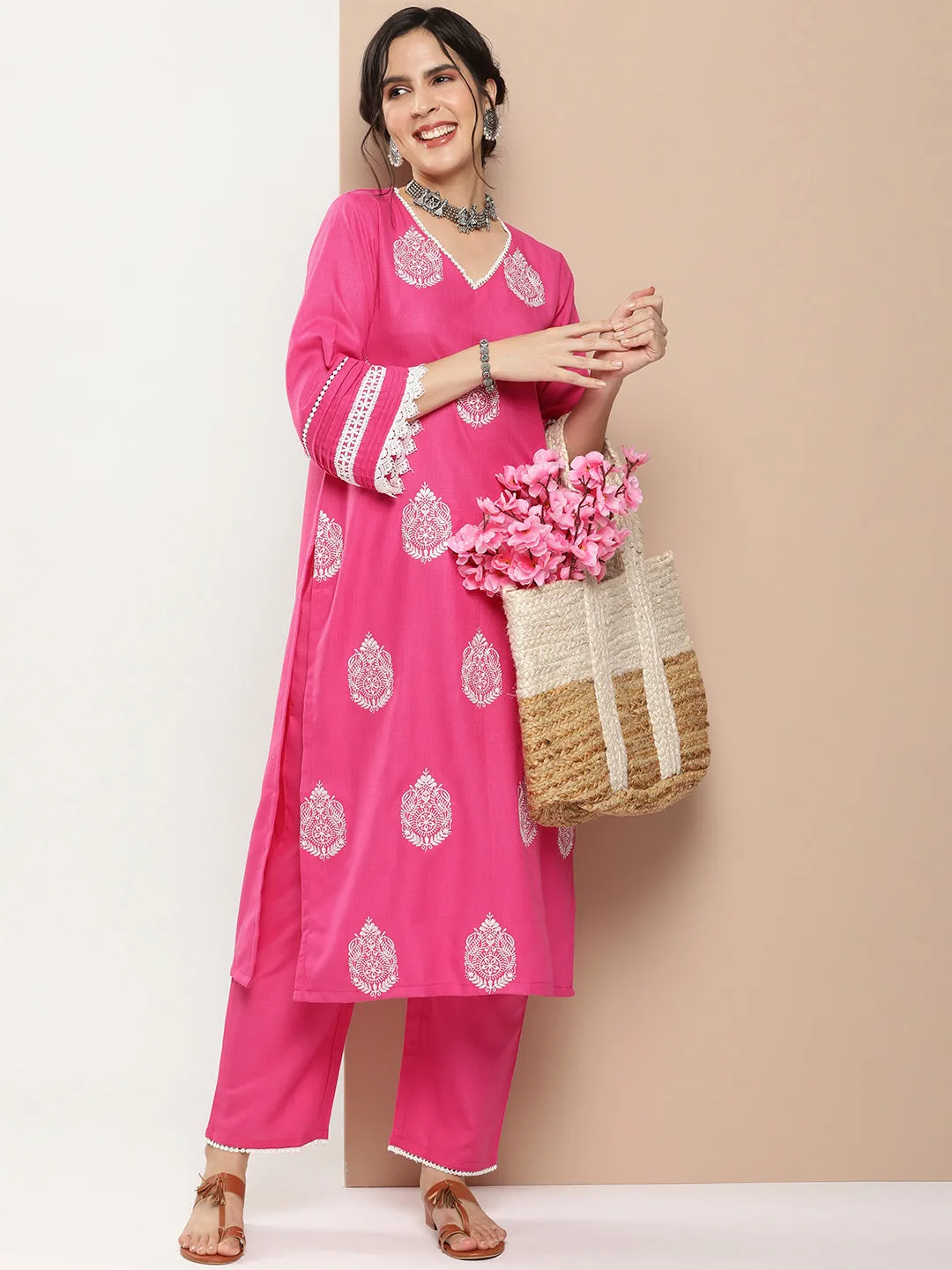 Pink Embroidered Kurta With Solid Pink Palazzo.