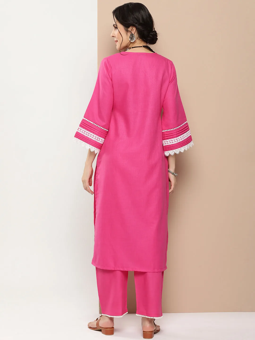 Pink Embroidered Kurta With Solid Pink Palazzo.