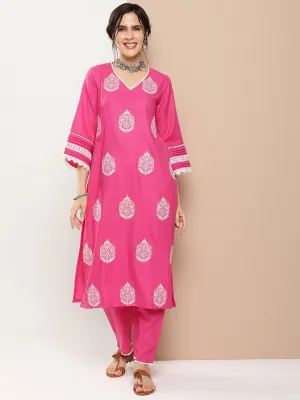 Pink Embroidered Kurta With Solid Pink Palazzo.