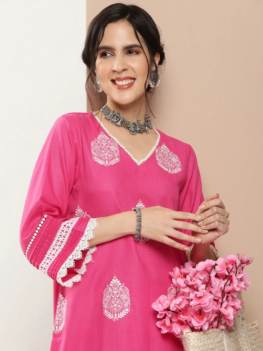 Pink Embroidered Kurta With Solid Pink Palazzo.
