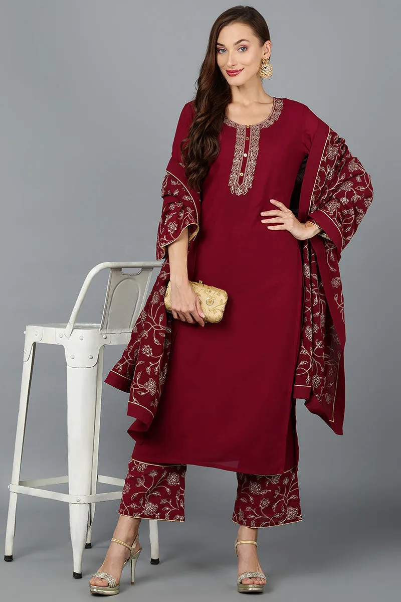 Pink Poly Georgette Straight Kurta Palazzo With Dupatta