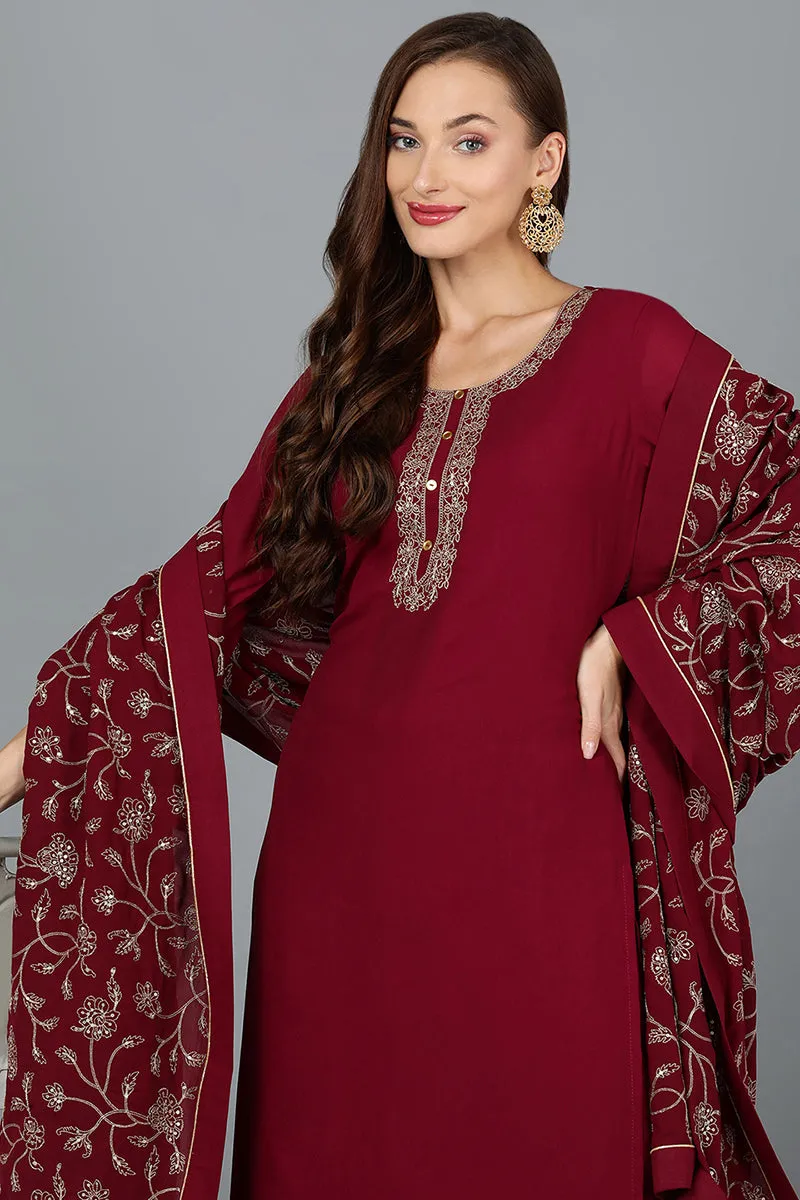 Pink Poly Georgette Straight Kurta Palazzo With Dupatta