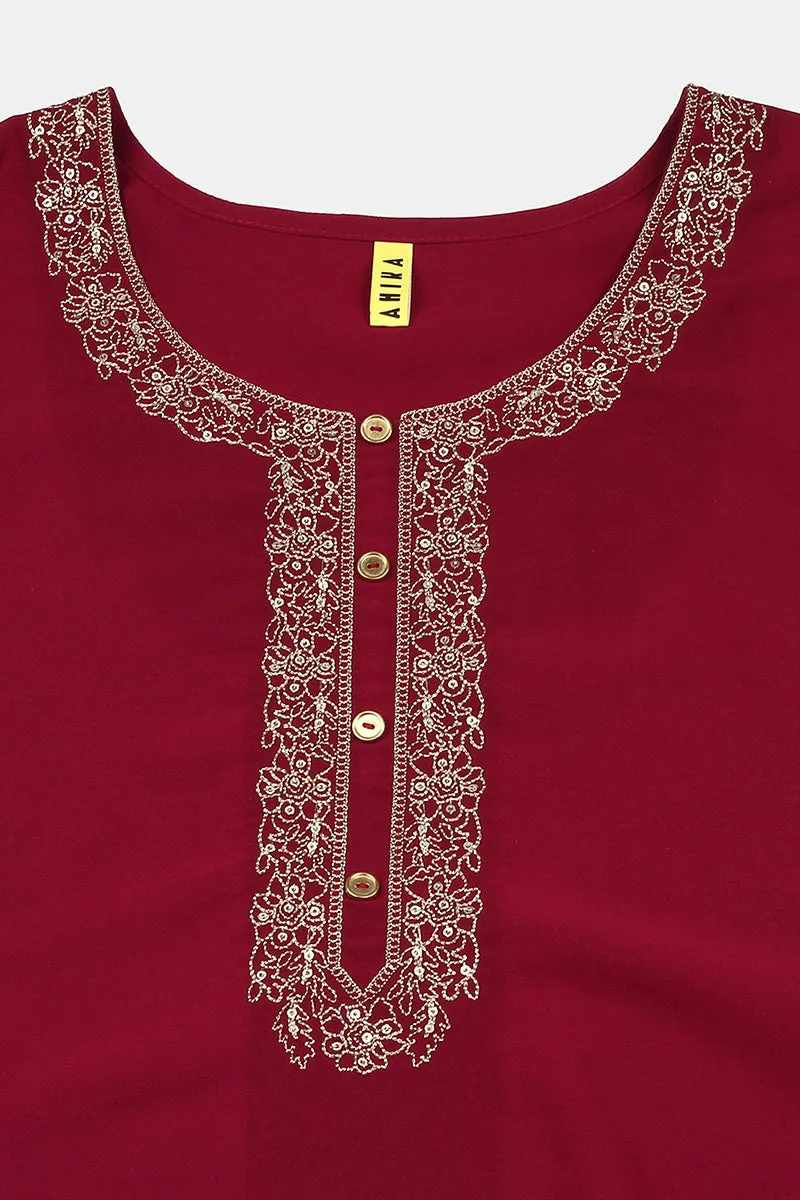 Pink Poly Georgette Straight Kurta Palazzo With Dupatta