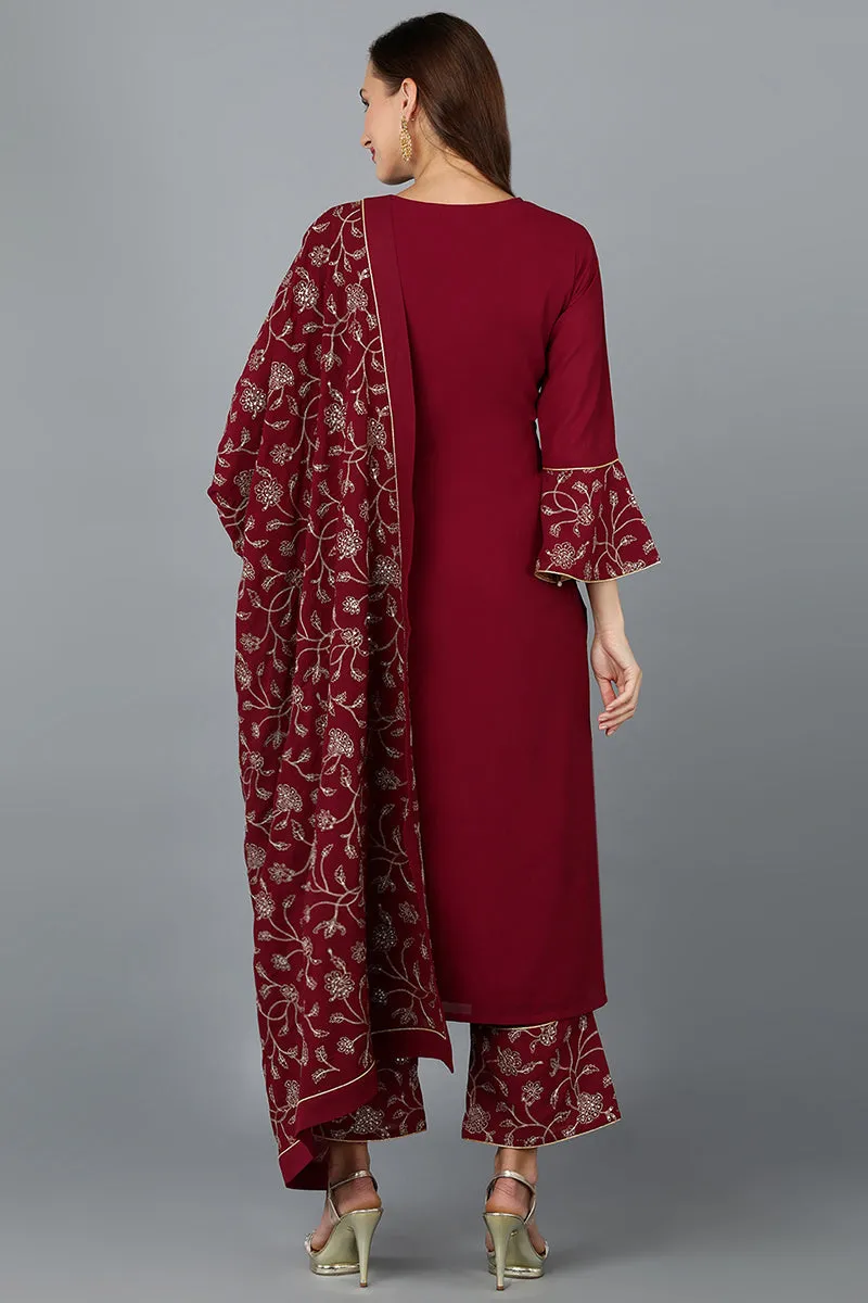 Pink Poly Georgette Straight Kurta Palazzo With Dupatta