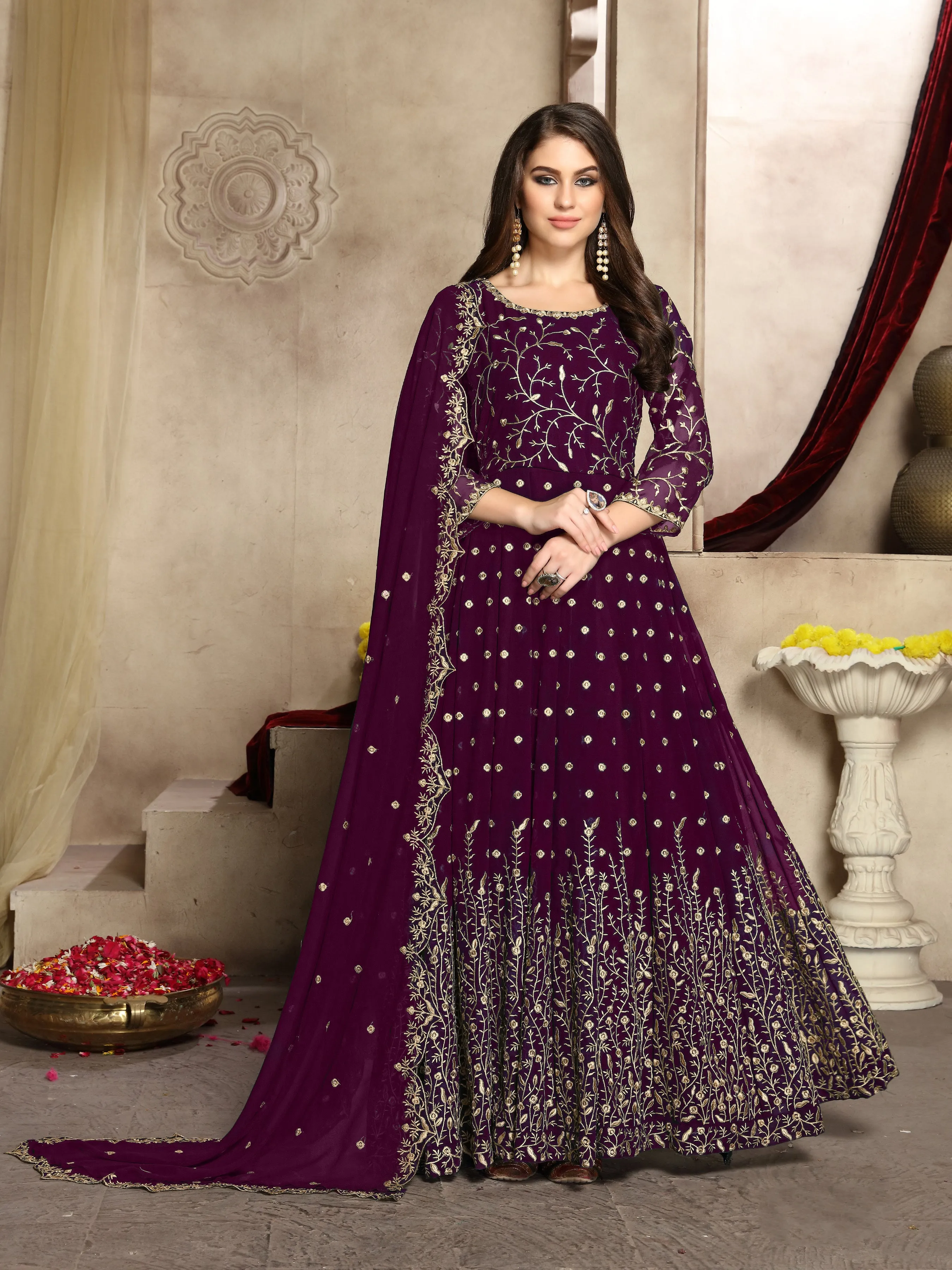 Pinkish Purple Heavy Embroidered Georgette Anarkali Suit