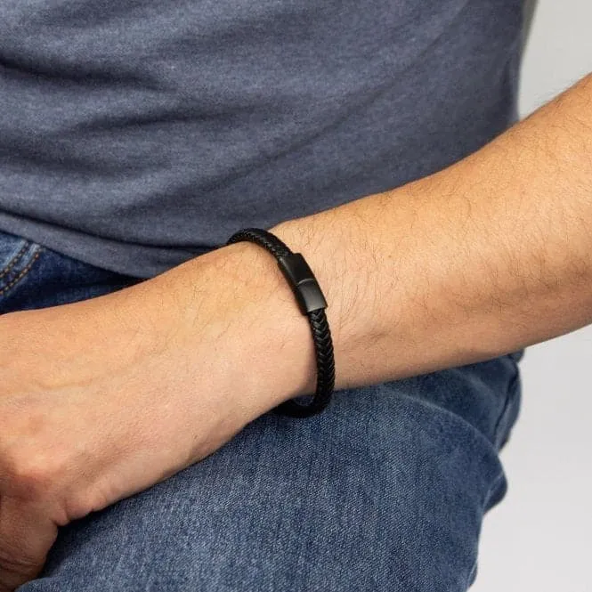 Plaited Black Leather Black IP Bracelet B5415