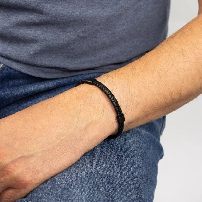 Plaited Black Leather Black IP Bracelet B5415