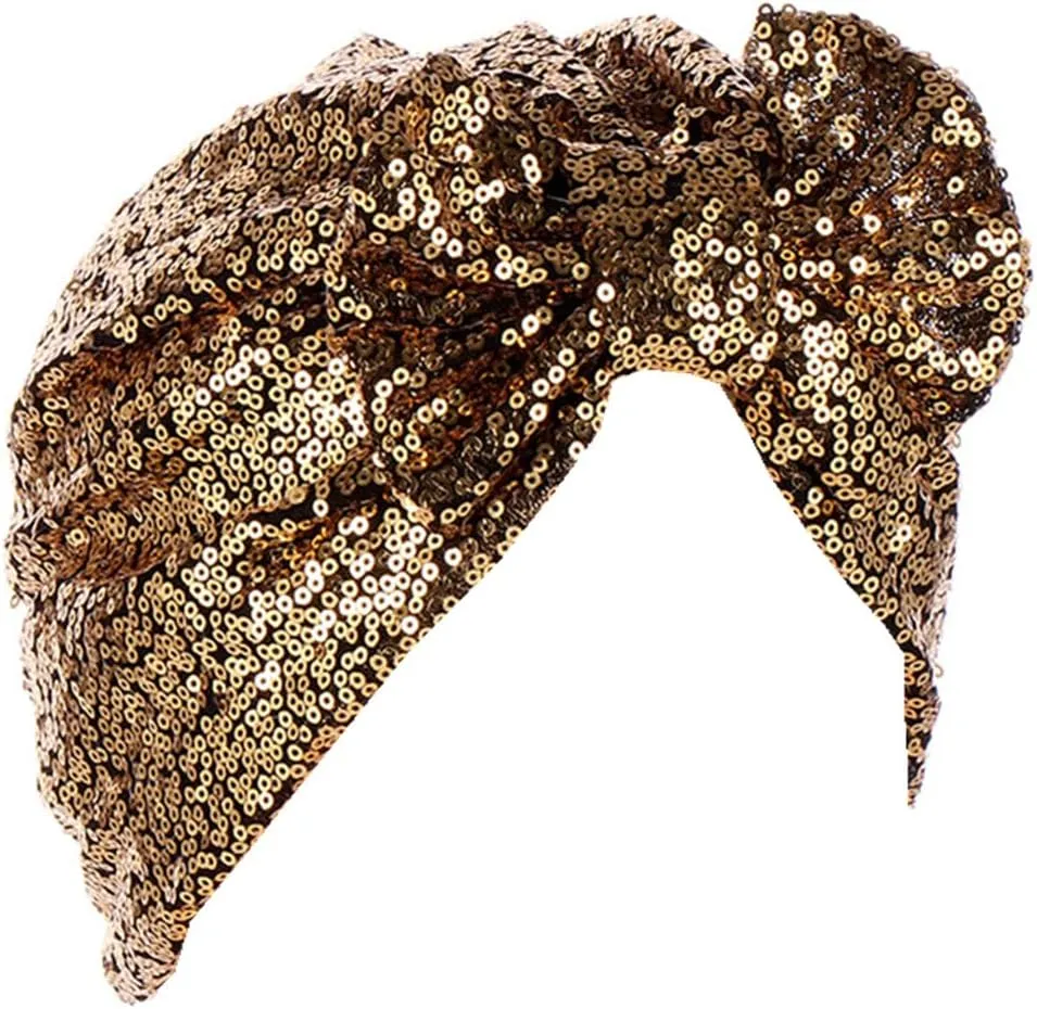 Pre Tied Turban Hats for Women - Knotted Solid Sequin Caps Chemo Beanies Headwrap Headwear for Cancer Daily Use