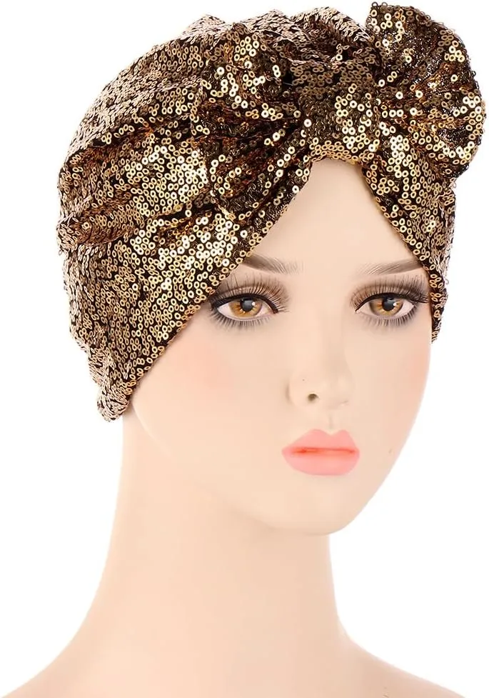 Pre Tied Turban Hats for Women - Knotted Solid Sequin Caps Chemo Beanies Headwrap Headwear for Cancer Daily Use