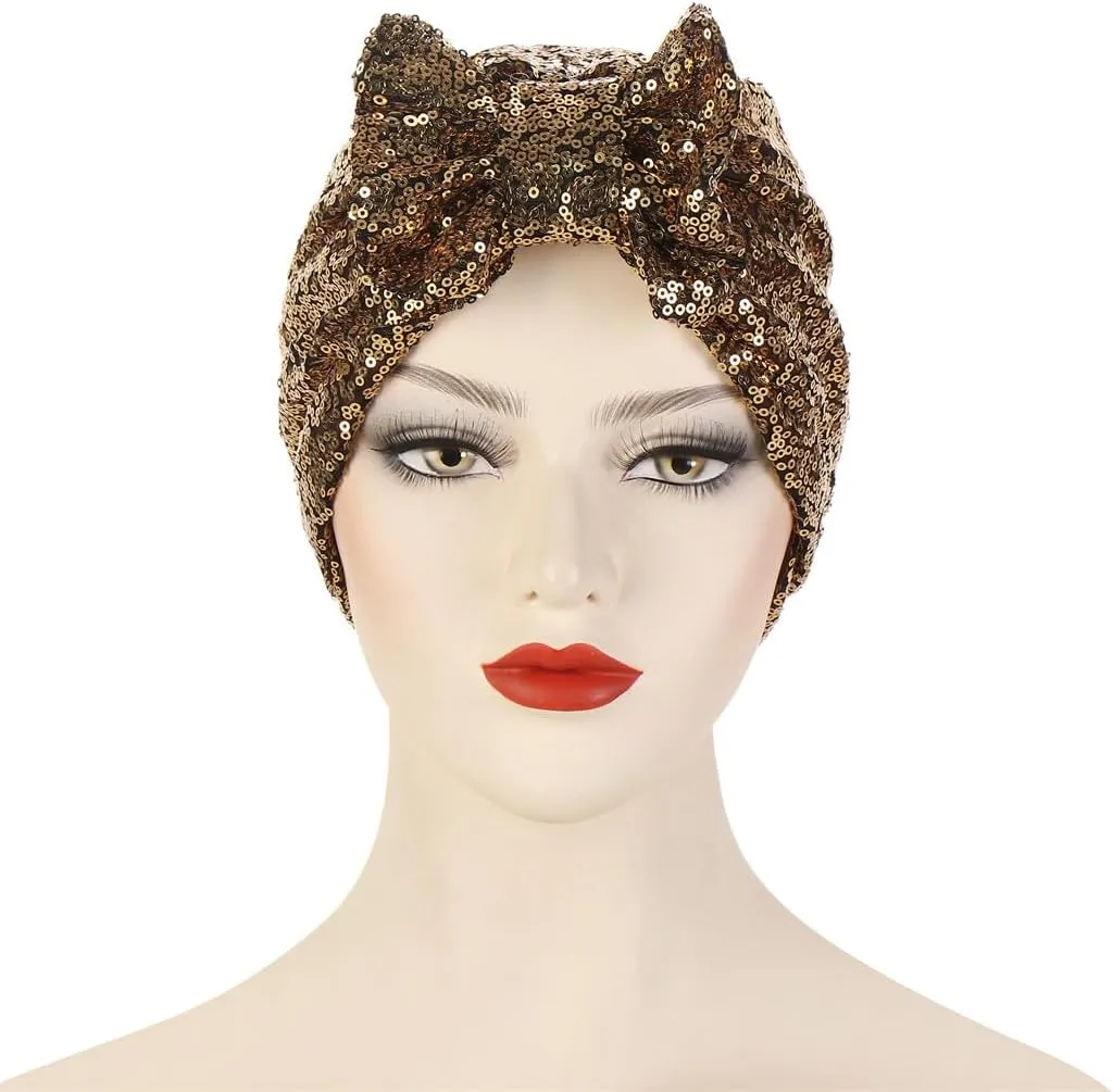 Pre Tied Turban Hats for Women - Knotted Solid Sequin Caps Chemo Beanies Headwrap Headwear for Cancer Daily Use