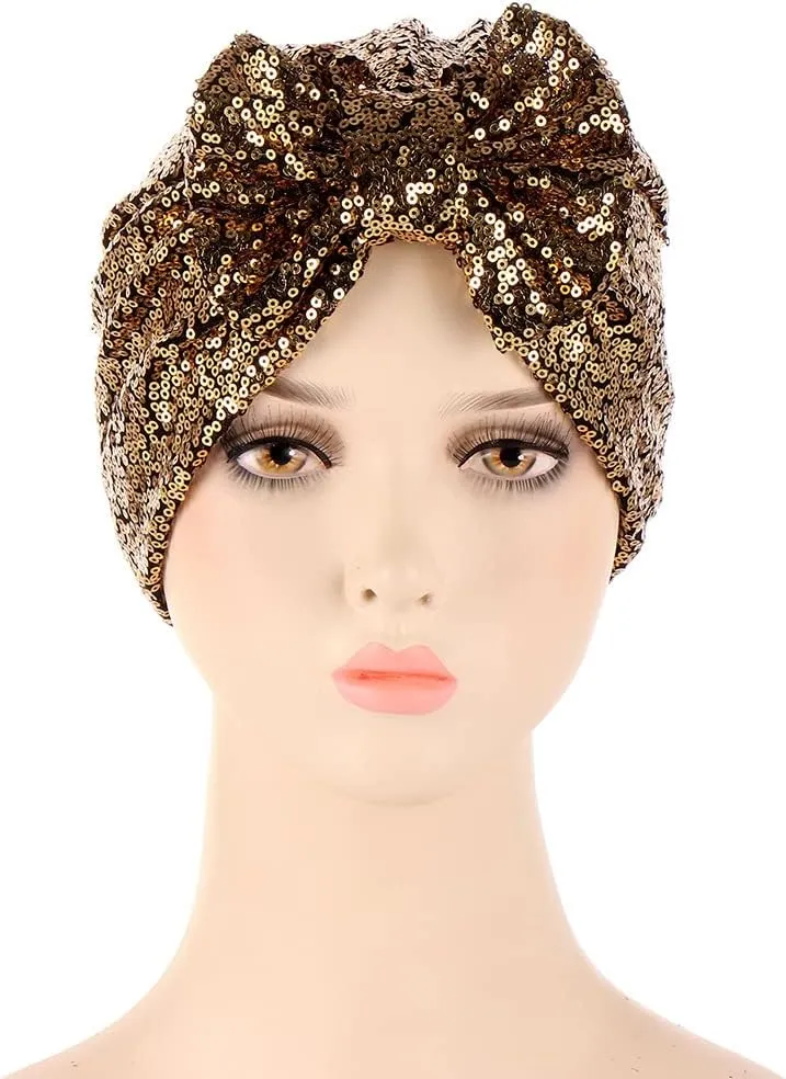 Pre Tied Turban Hats for Women - Knotted Solid Sequin Caps Chemo Beanies Headwrap Headwear for Cancer Daily Use