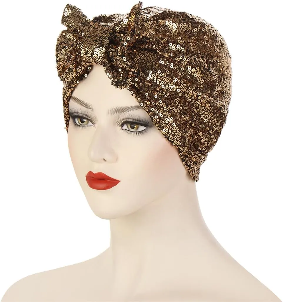 Pre Tied Turban Hats for Women - Knotted Solid Sequin Caps Chemo Beanies Headwrap Headwear for Cancer Daily Use