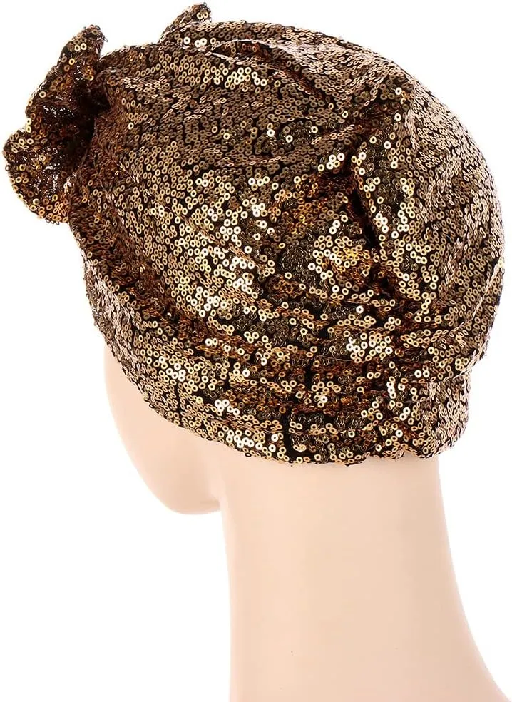 Pre Tied Turban Hats for Women - Knotted Solid Sequin Caps Chemo Beanies Headwrap Headwear for Cancer Daily Use