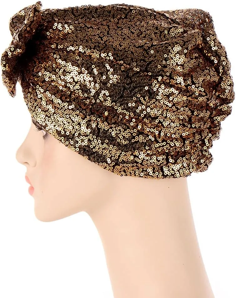 Pre Tied Turban Hats for Women - Knotted Solid Sequin Caps Chemo Beanies Headwrap Headwear for Cancer Daily Use