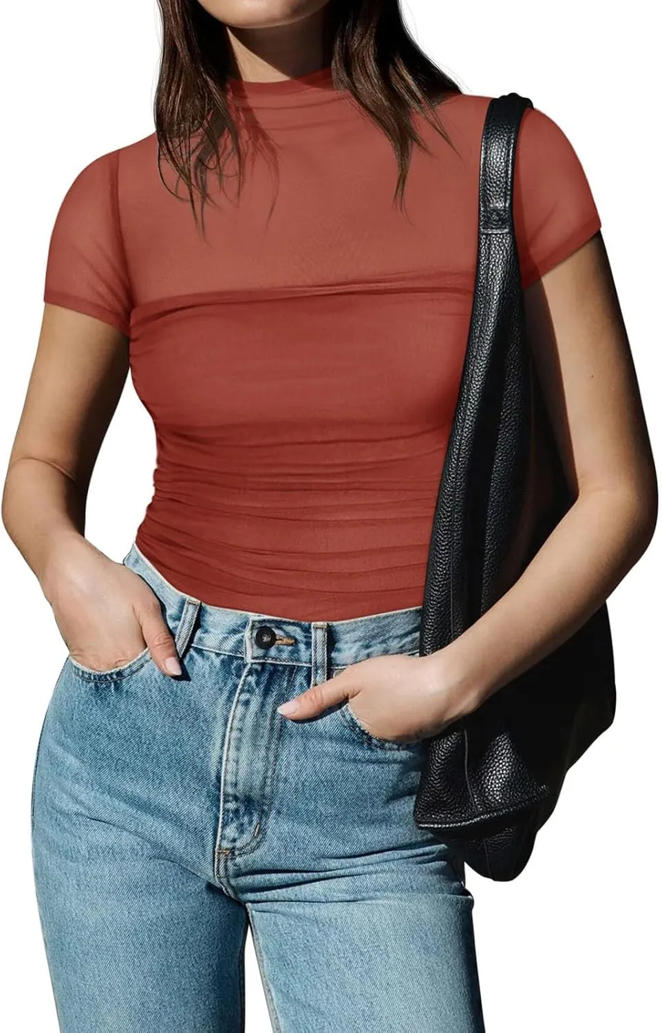 REORIA Women's Sexy Mock Turtle Neck Short Sleeve Shirts Sheer Mesh Ruched Trendy Going Out Bodysuits Tops