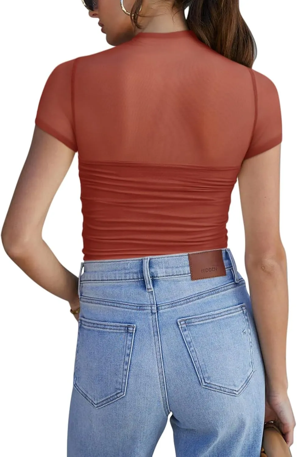 REORIA Women's Sexy Mock Turtle Neck Short Sleeve Shirts Sheer Mesh Ruched Trendy Going Out Bodysuits Tops