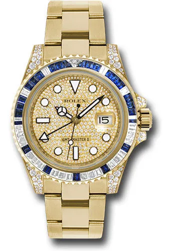 Rolex Yellow Gold GMT-Master II 40 Watch - Diamond And Blue Sapphire Bezel - Pave Diamond Dial - Oyster Bracelet - 116758SA pave