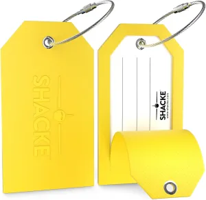Shacke Large Luggage Tags (2pcs) with Privacy Cover and Steel Loops (Yellow)