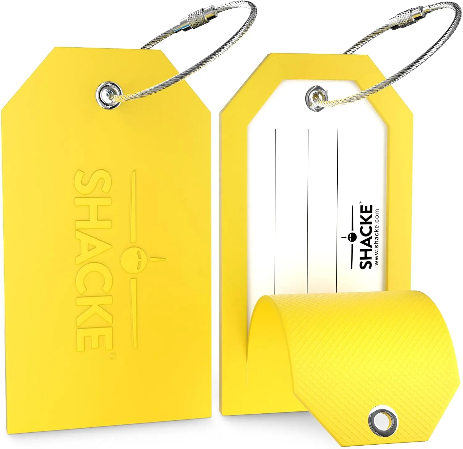 Shacke Large Luggage Tags (2pcs) with Privacy Cover and Steel Loops (Yellow)