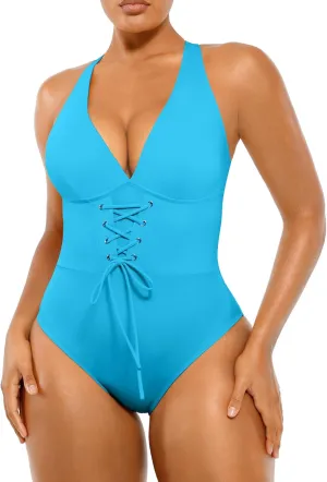 SHAPELLX Women One Piece Swimsuits Tummy Control Bathing Suits Push Up Slimming Swimwear with Built-in Bra V Neck
