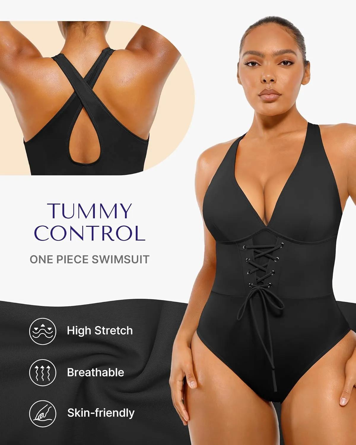 SHAPELLX Women One Piece Swimsuits Tummy Control Bathing Suits Push Up Slimming Swimwear with Built-in Bra V Neck