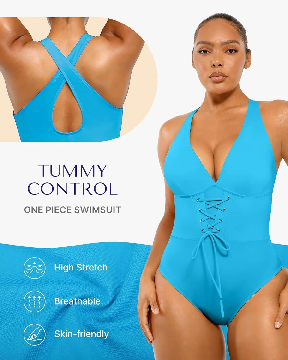 SHAPELLX Women One Piece Swimsuits Tummy Control Bathing Suits Push Up Slimming Swimwear with Built-in Bra V Neck