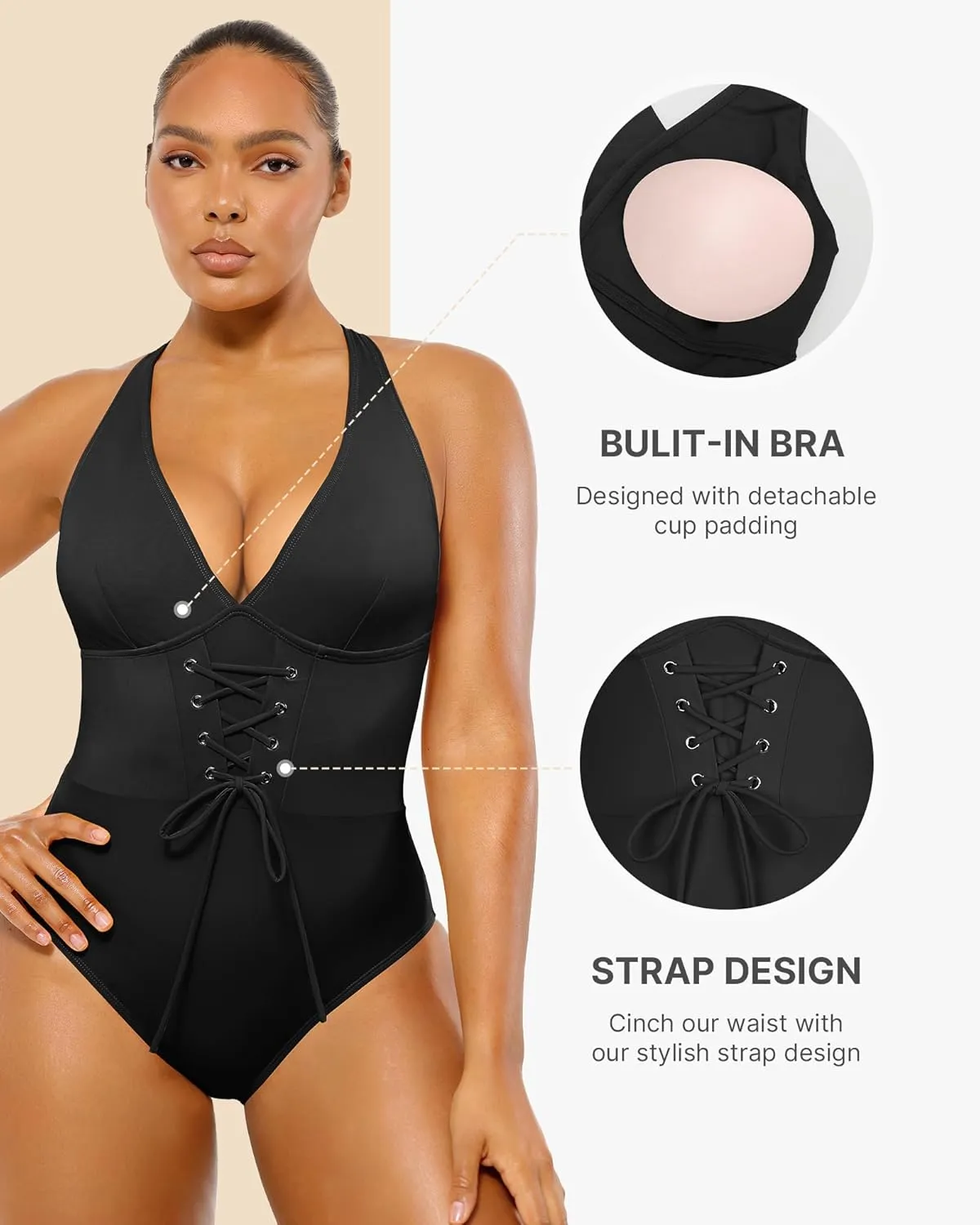 SHAPELLX Women One Piece Swimsuits Tummy Control Bathing Suits Push Up Slimming Swimwear with Built-in Bra V Neck