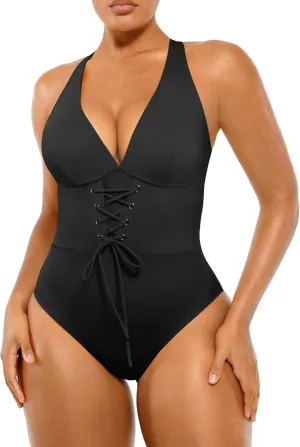 SHAPELLX Women One Piece Swimsuits Tummy Control Bathing Suits Push Up Slimming Swimwear with Built-in Bra V Neck