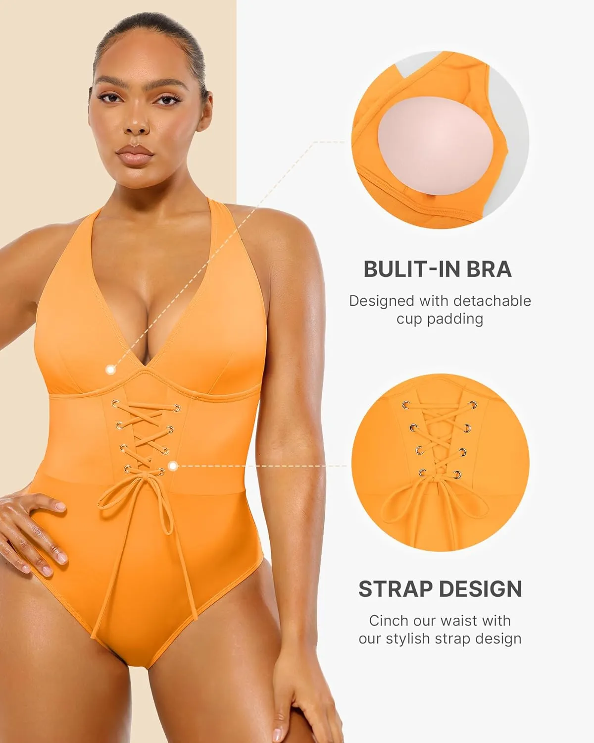 SHAPELLX Women One Piece Swimsuits Tummy Control Bathing Suits Push Up Slimming Swimwear with Built-in Bra V Neck