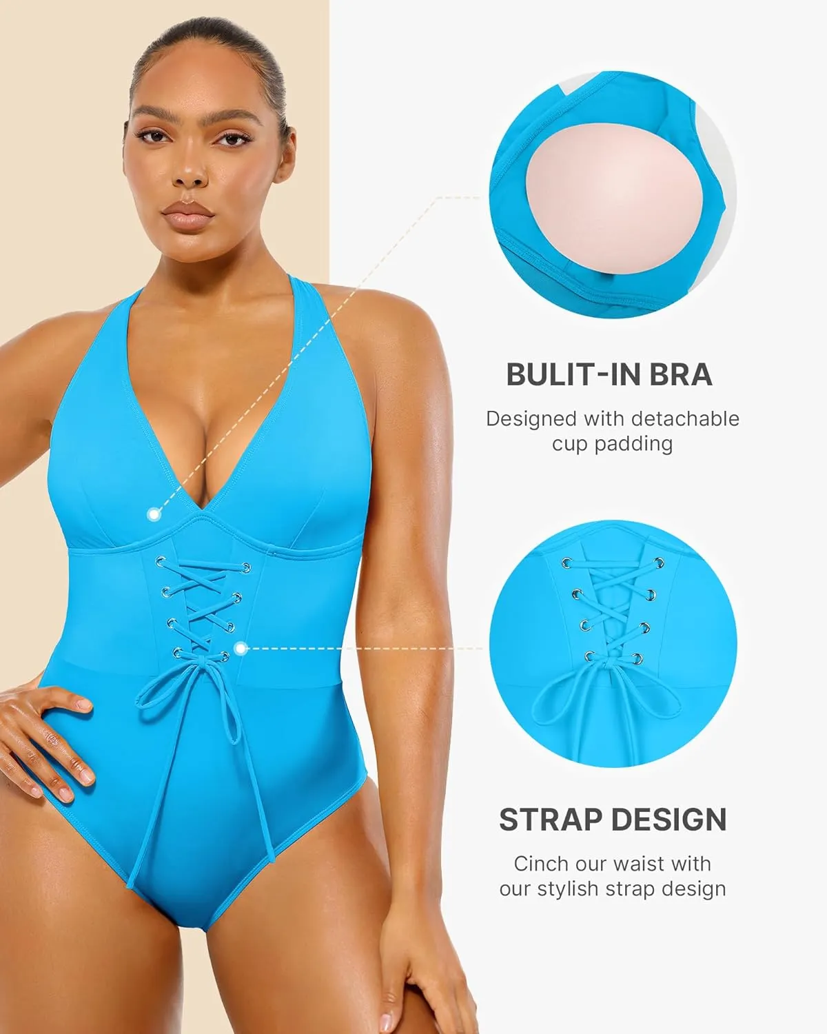 SHAPELLX Women One Piece Swimsuits Tummy Control Bathing Suits Push Up Slimming Swimwear with Built-in Bra V Neck