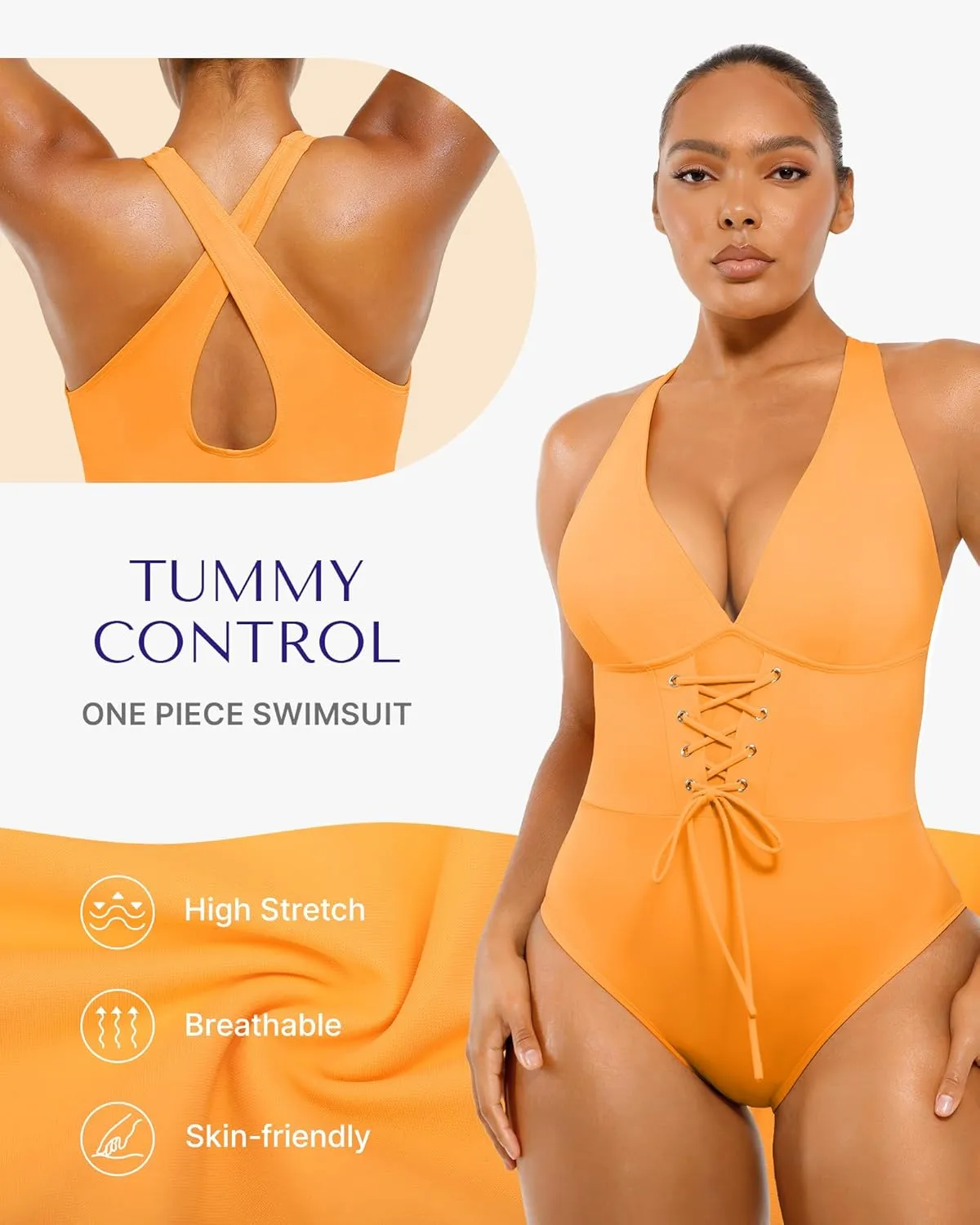 SHAPELLX Women One Piece Swimsuits Tummy Control Bathing Suits Push Up Slimming Swimwear with Built-in Bra V Neck